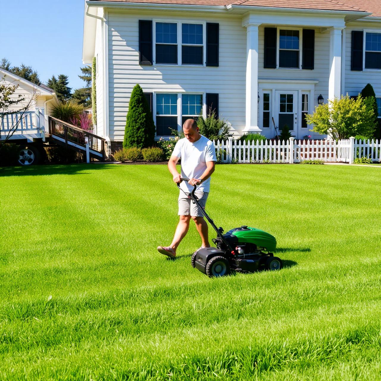 Worker mowing a lush green lawn
